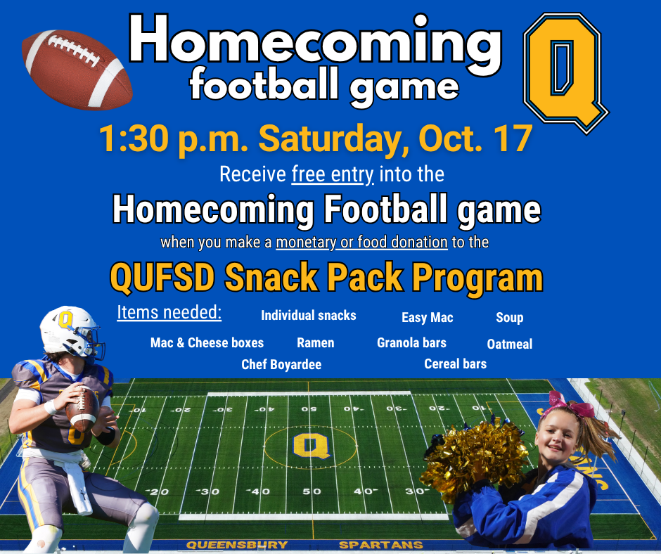 Flyer about a Snack Pack food drive at the Oct. 17 Homecoming football game.