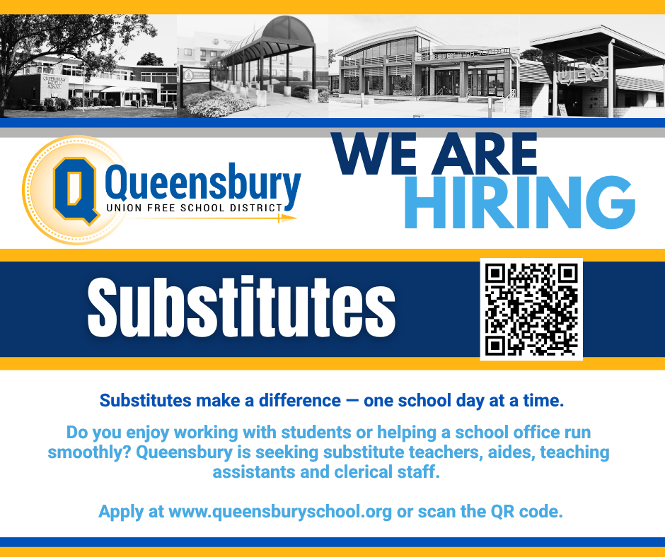 Flyer about Queensbury hiring substitutes.