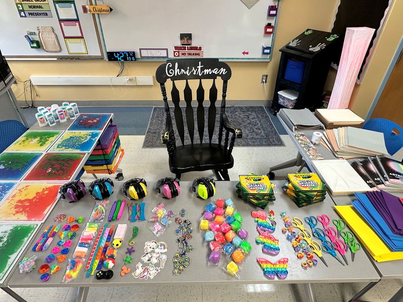 Photo of all the classroom supplies donated by a local business.