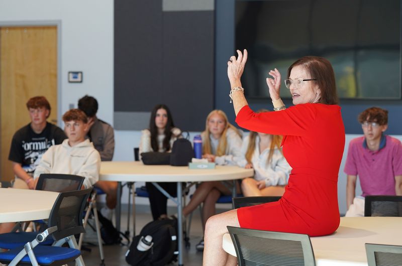 Judge Kathleen Hogan speaks to students at Queensbury High School. 