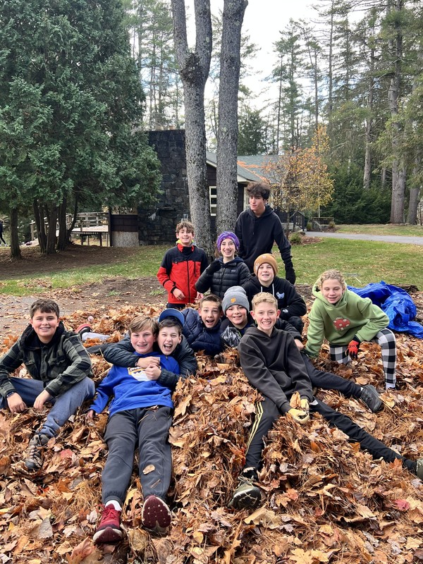 Students play in pile of leaves.