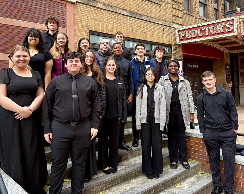 Students stand outside Proctors Theater in Schenectady.