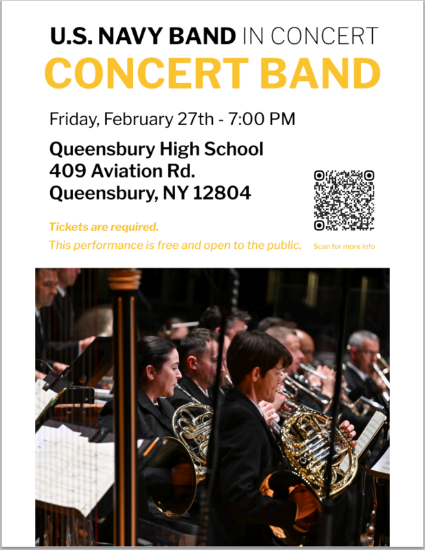 Flyer with a QR code and information about getting tickets to see the U.S. Navy Band perform at Queensbury High School.