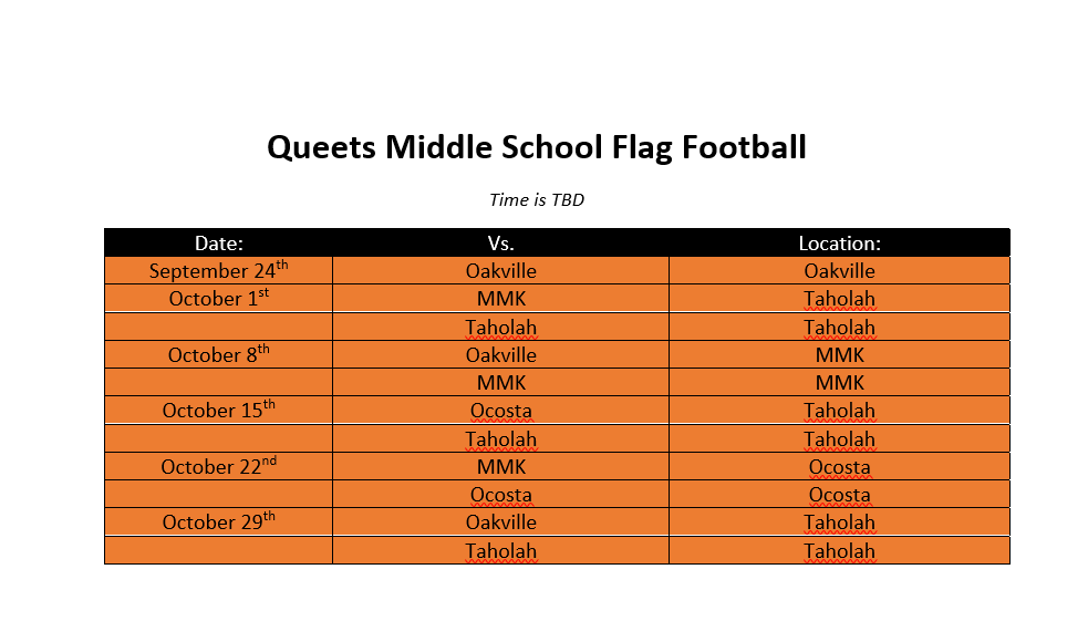 Black and Orange Table with Dates for flag football games.