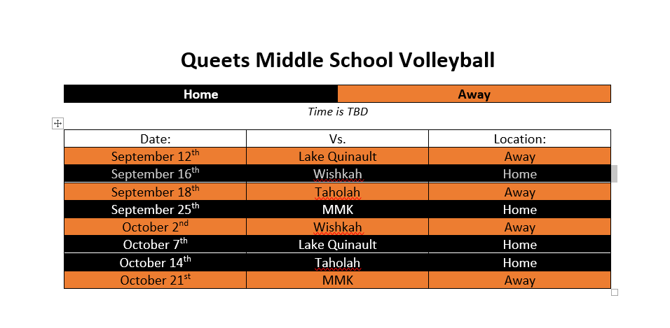 Black and orange table with volleyball schedule