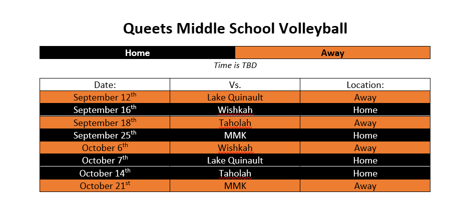 Middle School volleyball schedule in a black and orange table with date, team, and location.