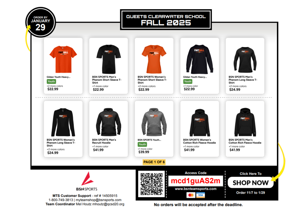 Queet Clearwater Gear flyer with shirts, long sleeved shirts, and hoodies