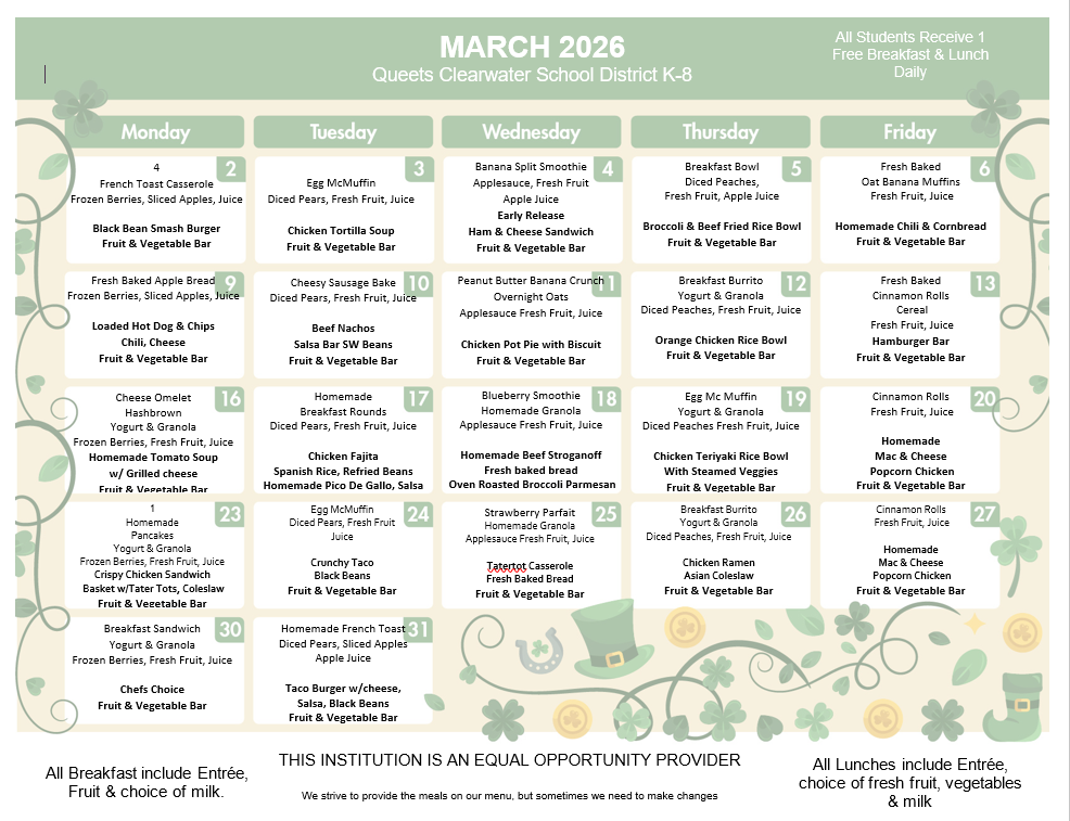 Breakfast and Lunch Menu Calendar for March 2026
