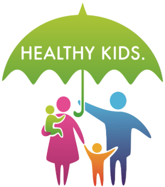 Healthy Kids graphic with a family under an umbrella. 