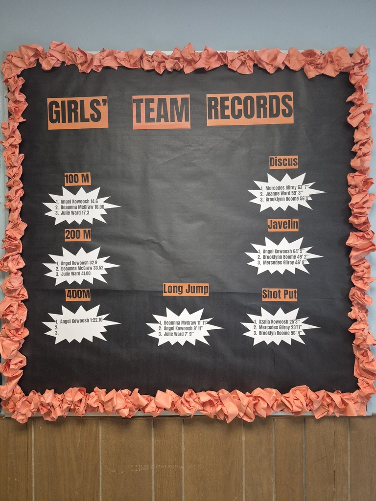 Black bulletin board with track records and an orange boarder.