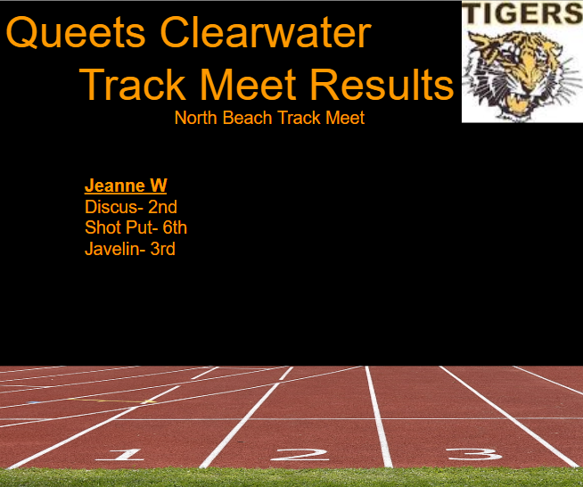 Track Meet Results with black background, track lanes, Tigers logo, and orange font. 