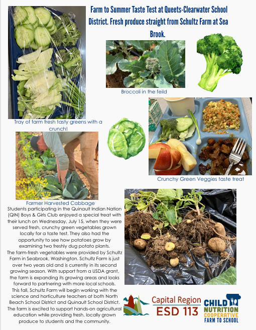 Farm to Summer Taste Test. A Flyer with a variety of produce photos brought from Schultz Farm in Seabrook Wa