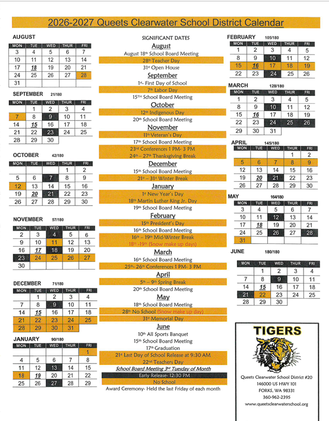 Queets Clearwarter School District 2026-2027 School calendar. This includes, early release dates, vacations, school board meetings, and awards assemblies.