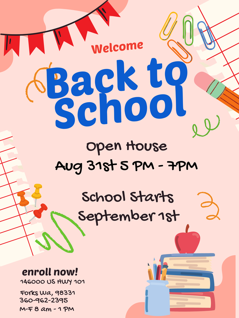 Back to school (September 1st) and Open House (Aug 31st) flyer with school supplies background.