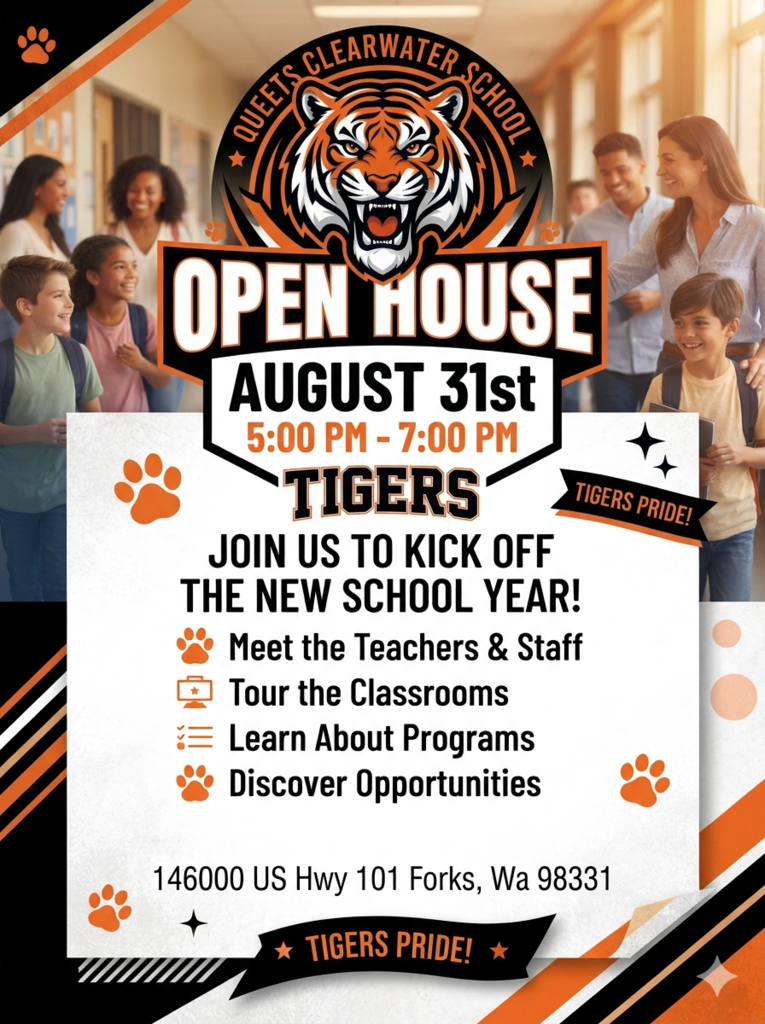 Open House Flyer with the date of August 31st 5 -7 PM with a tiger head and black and orange design.