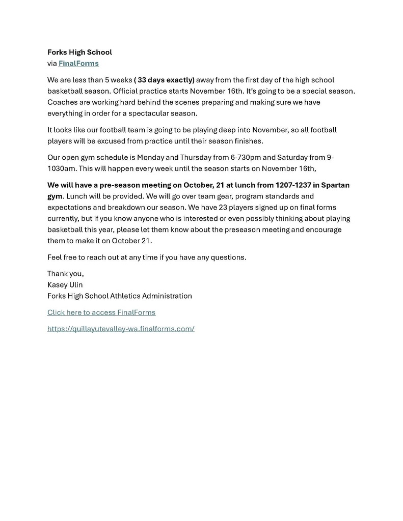 Message from FHS Boys Basketball Coach