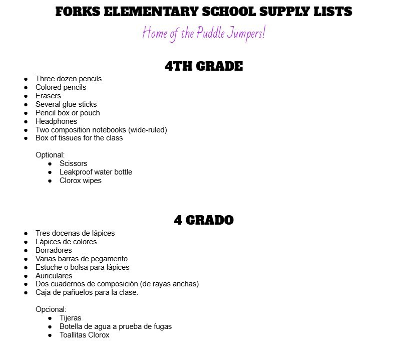 4th grade supply list