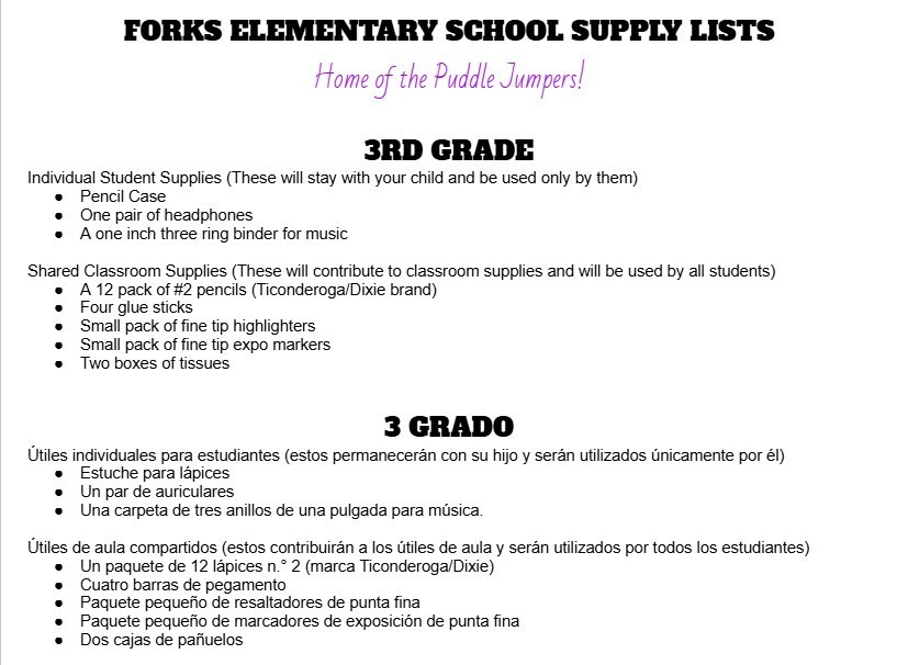 3rd grade supply list