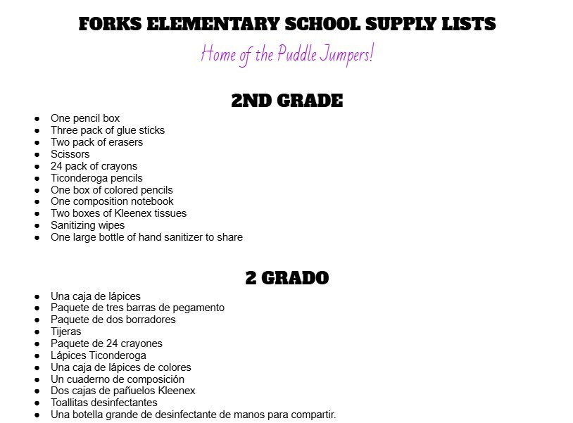 2nd grade supply list