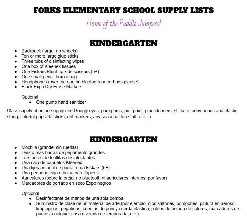 Kinder supply list