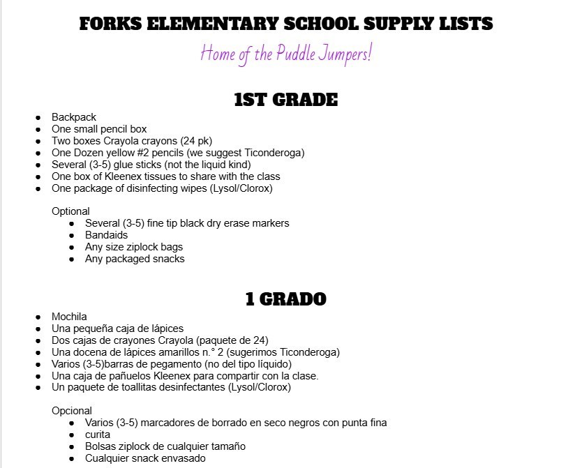 1st grade supply list