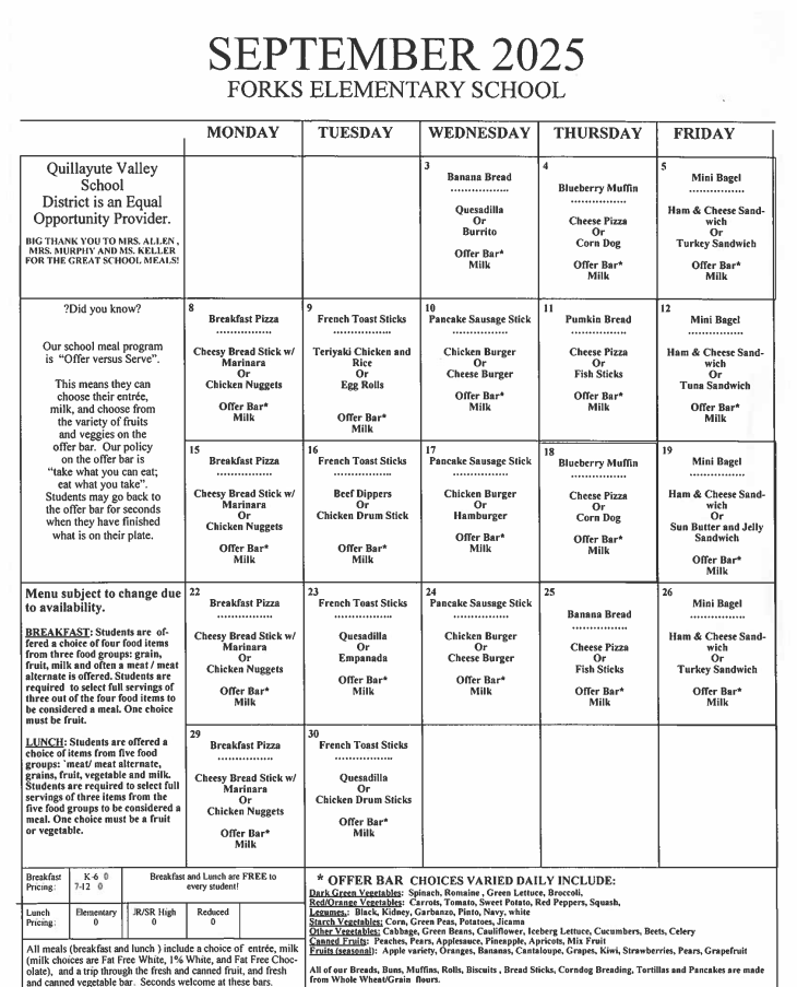 September Lunch Menu