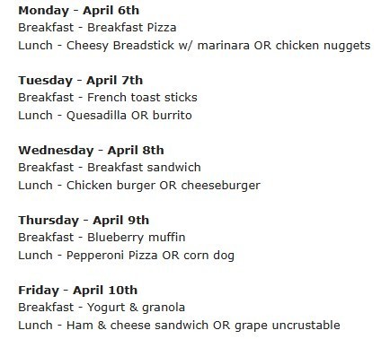 April 6-10 lunch menu