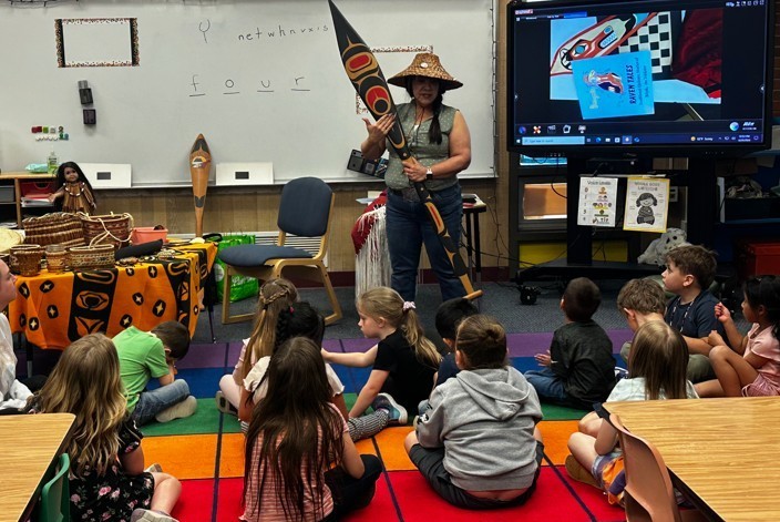 Naomi Jacobson sharing Quileute culture with kindergarteners.