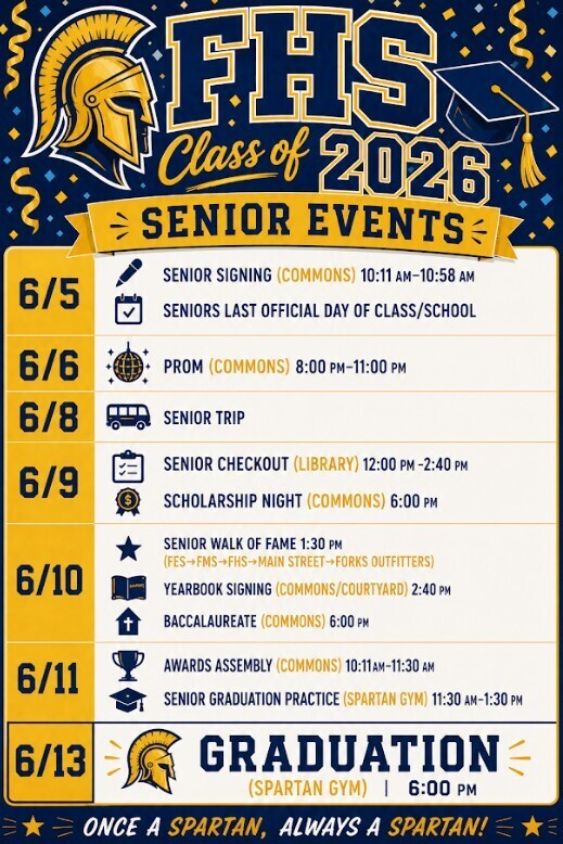 FHS Class of 2026 Senior Event Calendar for June 5, 2026 to June 13, 2026