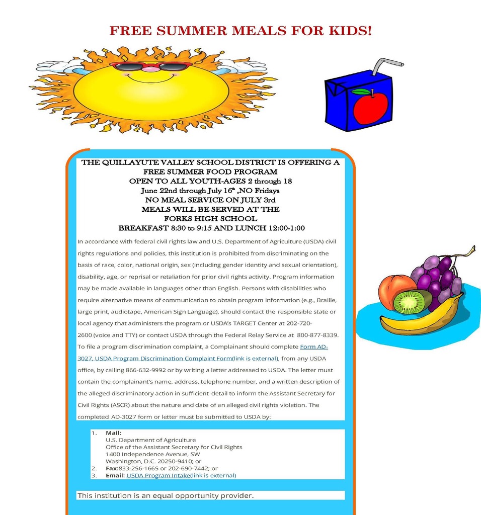 Free Summer Meals for Kids, ages 2 to 18. June 22nd to July 16th. Breakfast 8:30 to 9:15 and lunch 12:00 to 1:00.