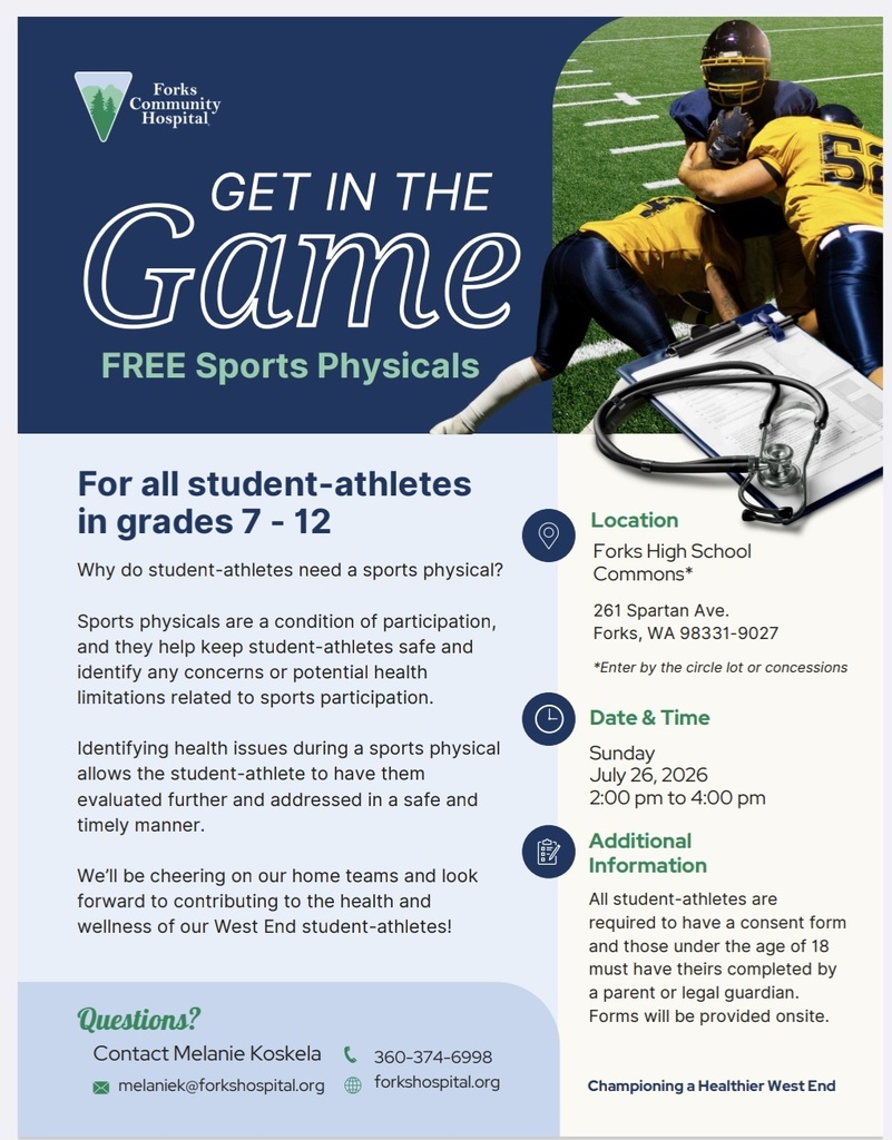 7th to 12th grade Sports Physical Offered on Sunday, July 26th from 2pm to 4pm at Forks High School Commons
