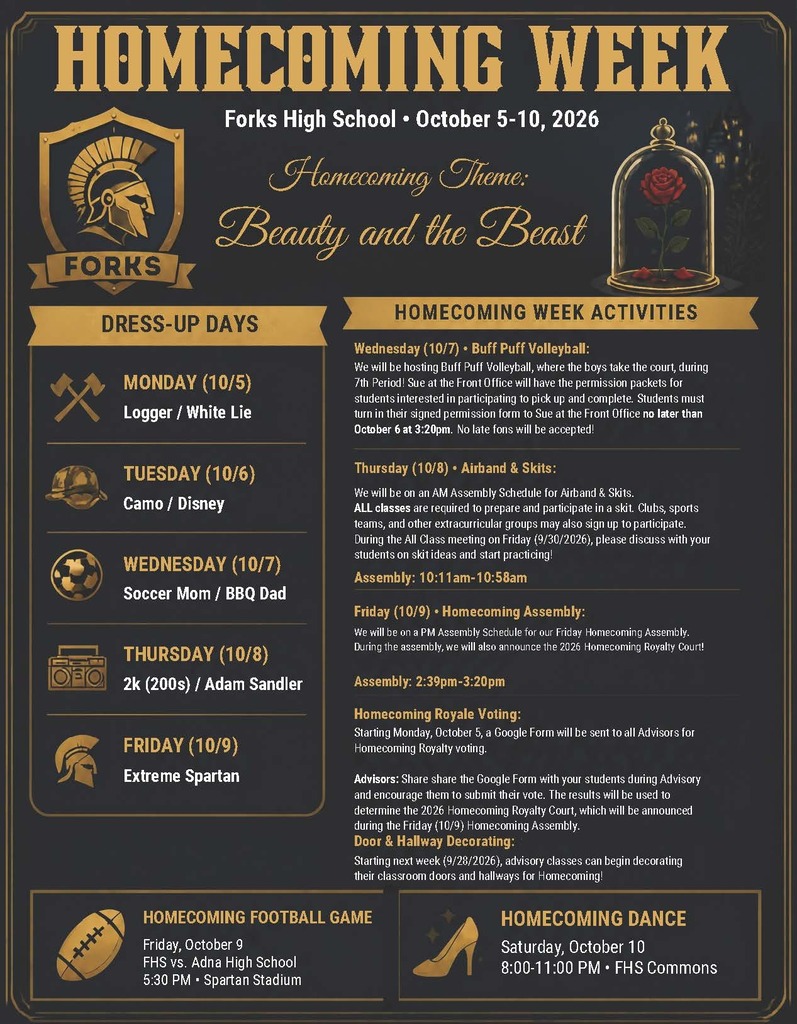 Forks High School Homecoming Week Activities, October 5 - 10, 2026