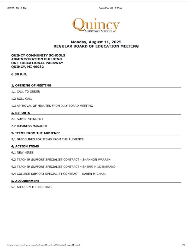 Regular Board Meeting Agenda