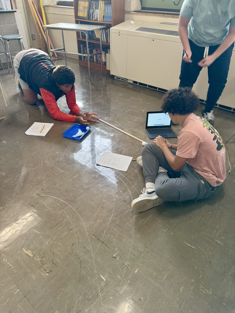 Students investigating force, mass, and velocity.