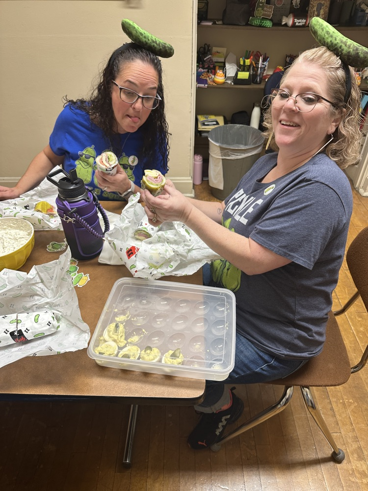 Mrs. Travelbee and Ms. Sara enjoying some yummy pickle treats!