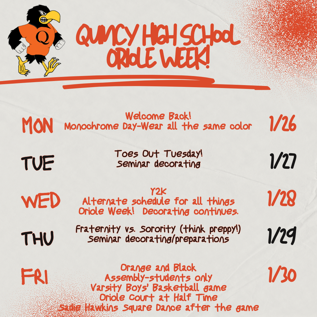 QHS Oriole Week 2026 events for the week