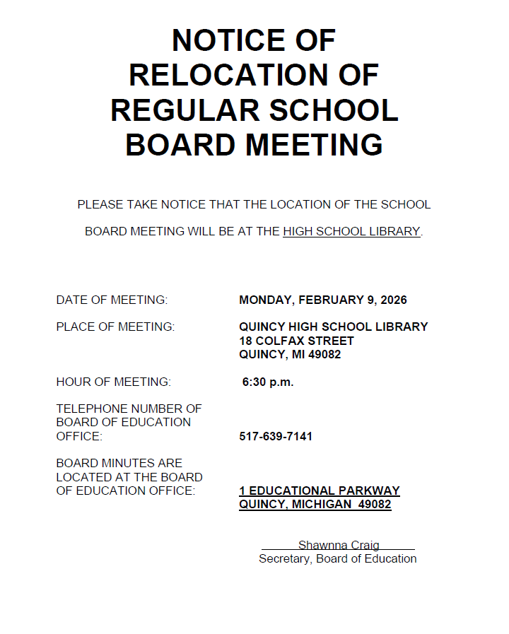 Notice of Relocation of School Board Meeting