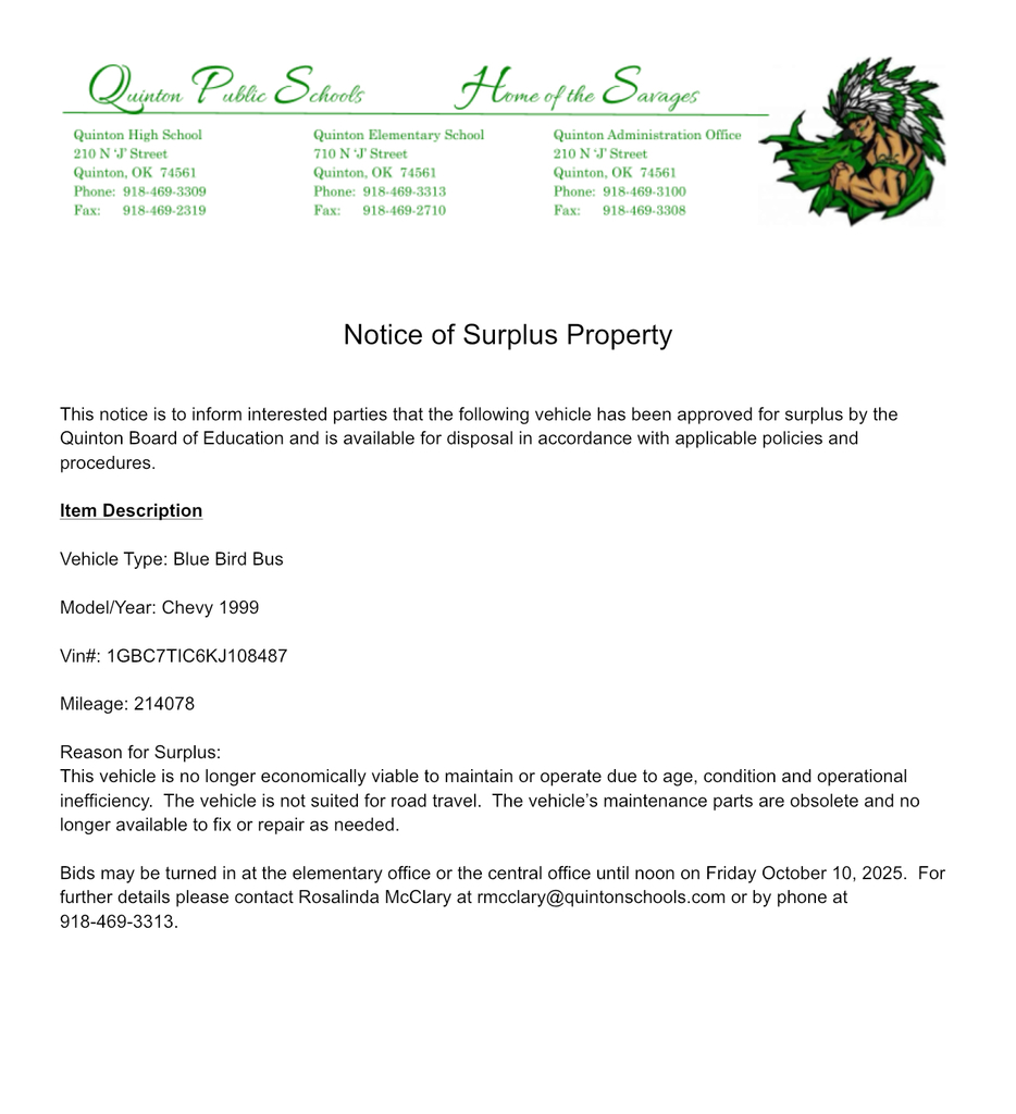 Notice of Surplus Property