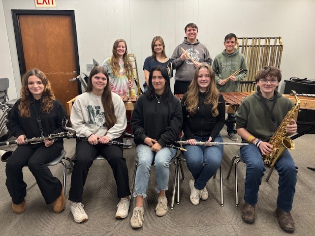 The Quinton High School Band had the following students make the Eastern Oklahoma Band Directors Association Honor Band for 2026.  Congratulations for all your hard work and dedication.  Back Row: Karhie Ballard Trombone, Bailey Needham Trombone, Brett Reading Timpani, and Gabe Hartman Percussion Front Row: Bailey Risenhoover Bass Clarinet, Lily Byrd Clarinet, Evalyn Wolfe Clarinet, Kenzie Ballard Flute, and Xavier Bloxham Alto Sax.