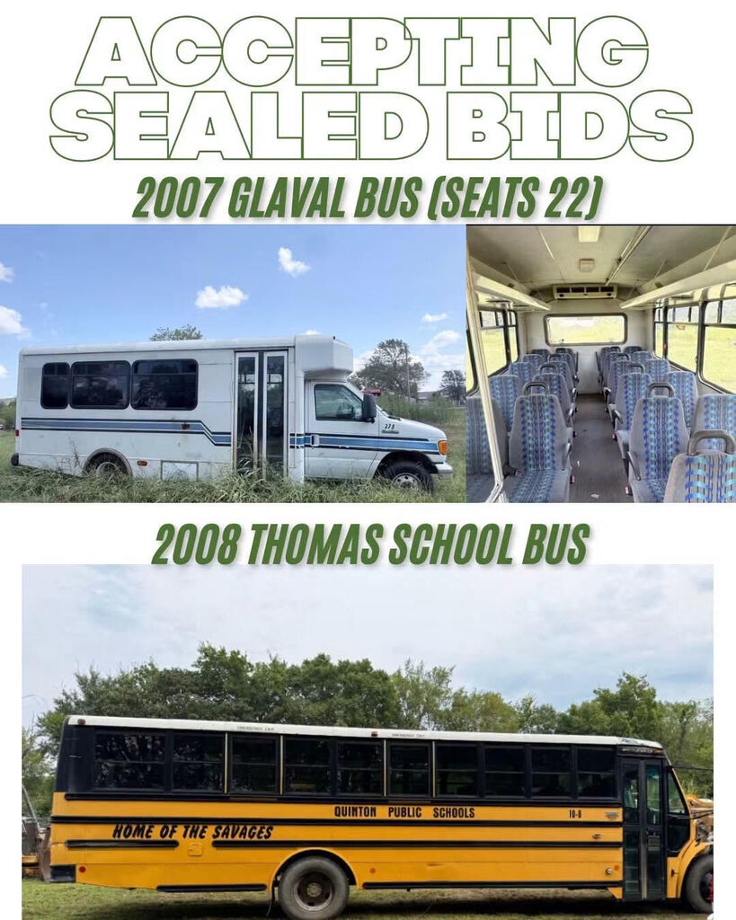 We are currently accepting bids for 2 of our busses per the attached image. Please contact Rosalinda McClary at rmcclary@quintonschools.com for any questions.