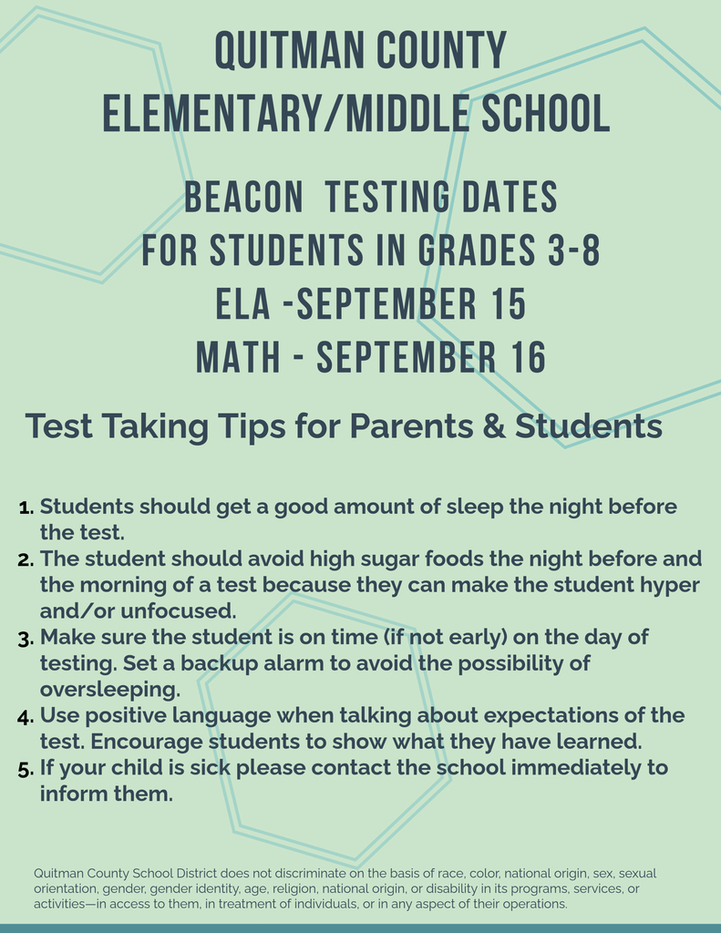 QUITMAN COUNTY ELEMENTARY/MIDDLE SCHOOL BEACON TESTING DATES FOR STUDENTS IN GRADES 3-8