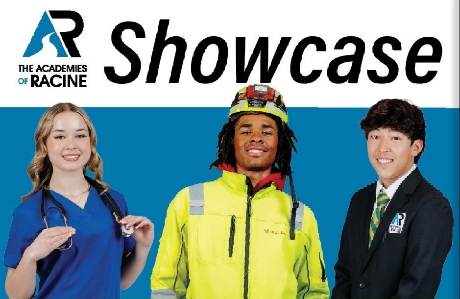 The Academies of Racine Showcase, three students pose for photo.