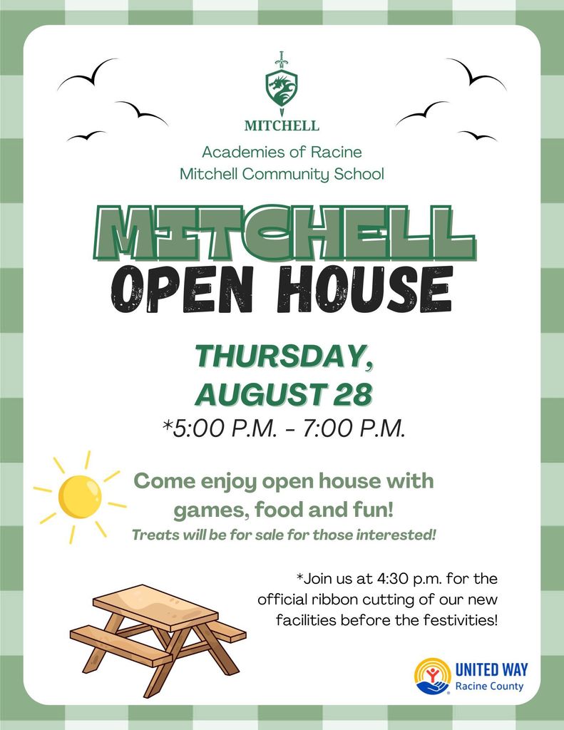 Mitchell Open House: Thursday, August 28th 5-7pm. Join us at 4:30pm for the official ribbon cutting of our new facilities.