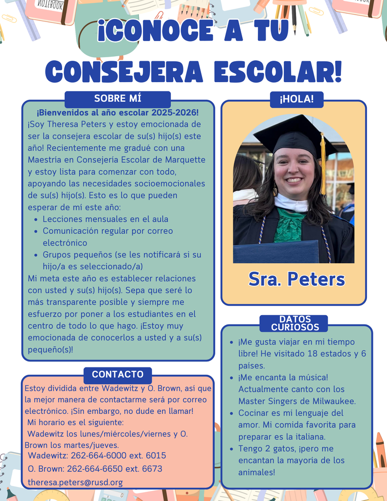 ¡Estamos muy contentos de presentar a nuestra nueva consejera escolar, la Sra. Peters! Ella aporta gran energía, pasión y experiencia a nuestro equipo, y estamos muy emocionados de poder llamarla oficialmente una Waddy Bear. ¡Por favor únanse a nosotros para darle una cálida bienvenida a Wadewitz!