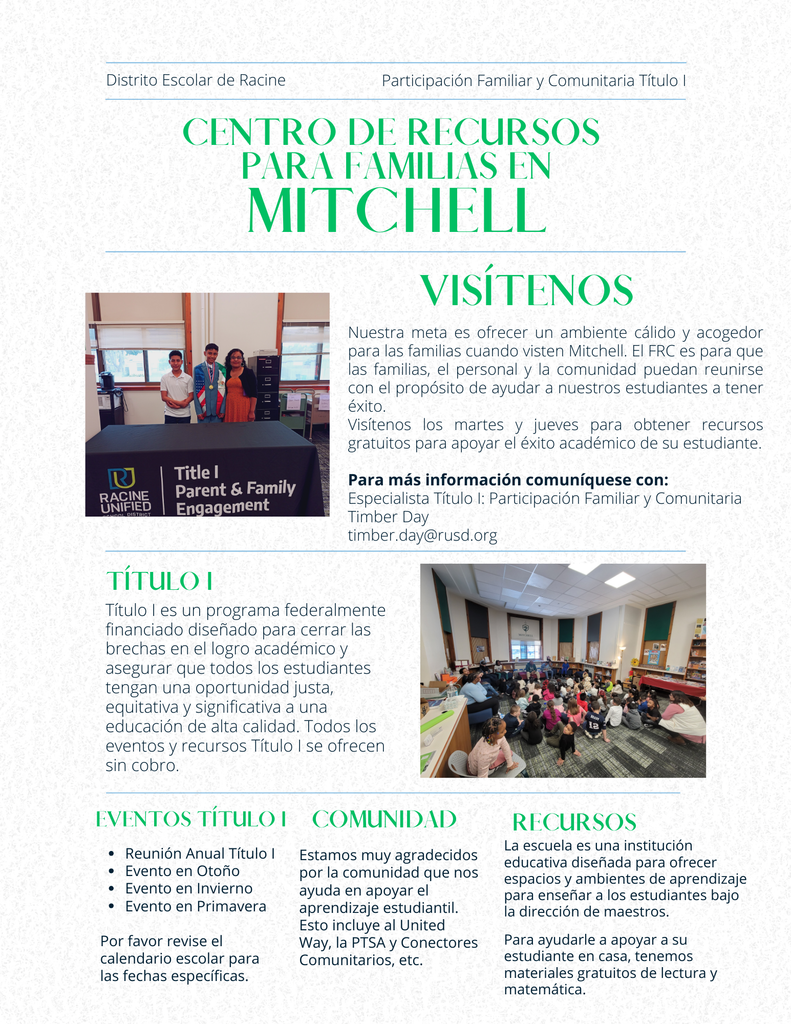 Centro  de recursos para familias en mitchell. Visitenos. Nuestra meta es ofrecer un ambiente calido y acogedor para las families cuando visiten Mitchell. El FRC es para que las familias, el poersonal y la comunidad puedan reunirse con el proposito de ayudar a nuestros estudiantes a tener exito. Visitenos los martes y jueves para obtener recursos grutuitos para apoyar el exito academico de su estudiante.