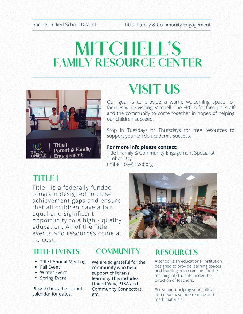 Mitchell Family Resource Center. Visit us: Our goal is to provide a warm, welcoming space for families while visiting  Mitchell. The FRC is for families, staff, and the community to come together in hopes of helping our children succeed. Stop in Tuesdays or Thursdays for free resources to support your child's academic success.