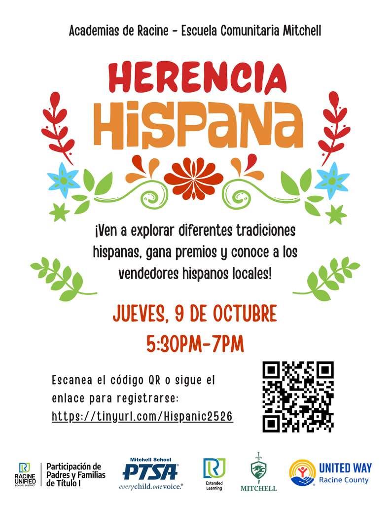 Herencia Hispana. Ven a explorar diferentes tradiciones hispanas, gana premios y conoco a los vendedores hispanos locales. Jueves, 9 de octubre. 5:30-7pm.