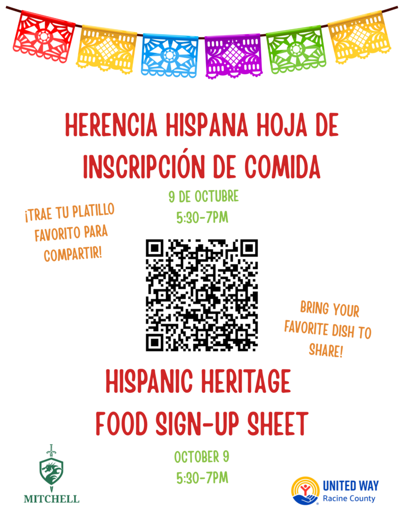 Herencia Hispana hoja de inscripcion de comida. Trae tu platillo favorito para comprartir. 9 de octubre, 5:30-7pm/ Hispanic Heritage food sign-up sheet. Bring your favorite dish to share. october 9, 5:30-7pm.