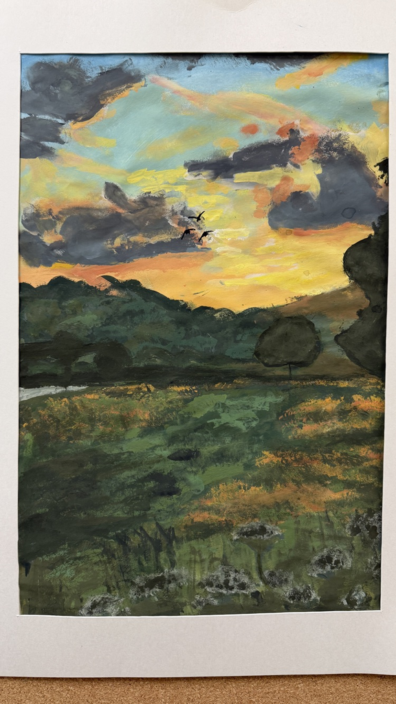 fall artwork of a sunset over a forest.