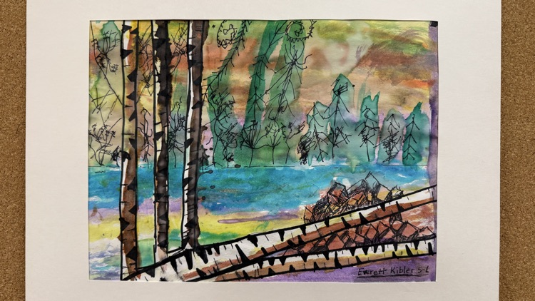 fall artwork of a scene with fallen birch trees.